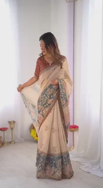 Premium Linen Cotton Digital Print Saree with Matching Blouse