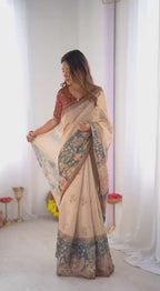 Premium Linen Cotton Digital Print Saree with Matching Blouse