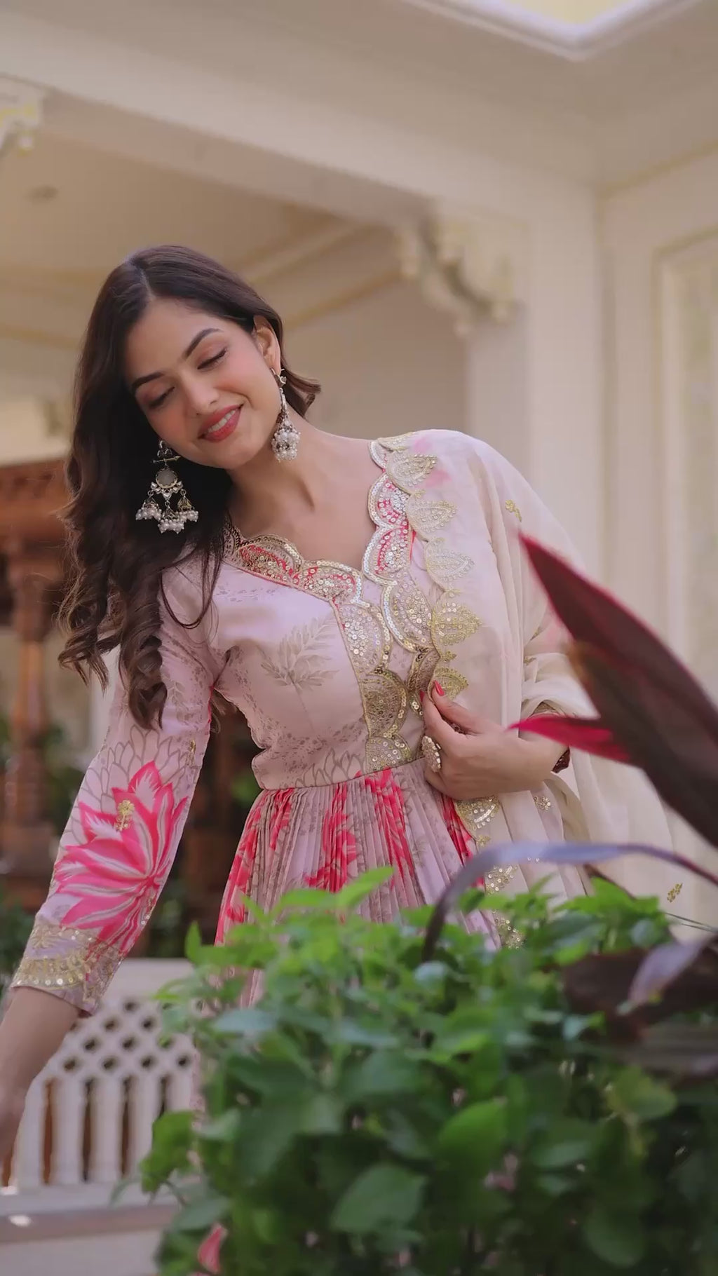 Pink Floral Digital Print Russian Silk Anarkali Gown with Embroidered Dupatta Set
