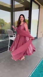 Pink Organza Foil Work Anarkali Gown Set with Dupatta & Plazo