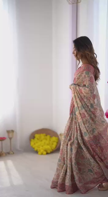 Premium Linen Cotton Floral Digital Print Saree with Blouse Piece