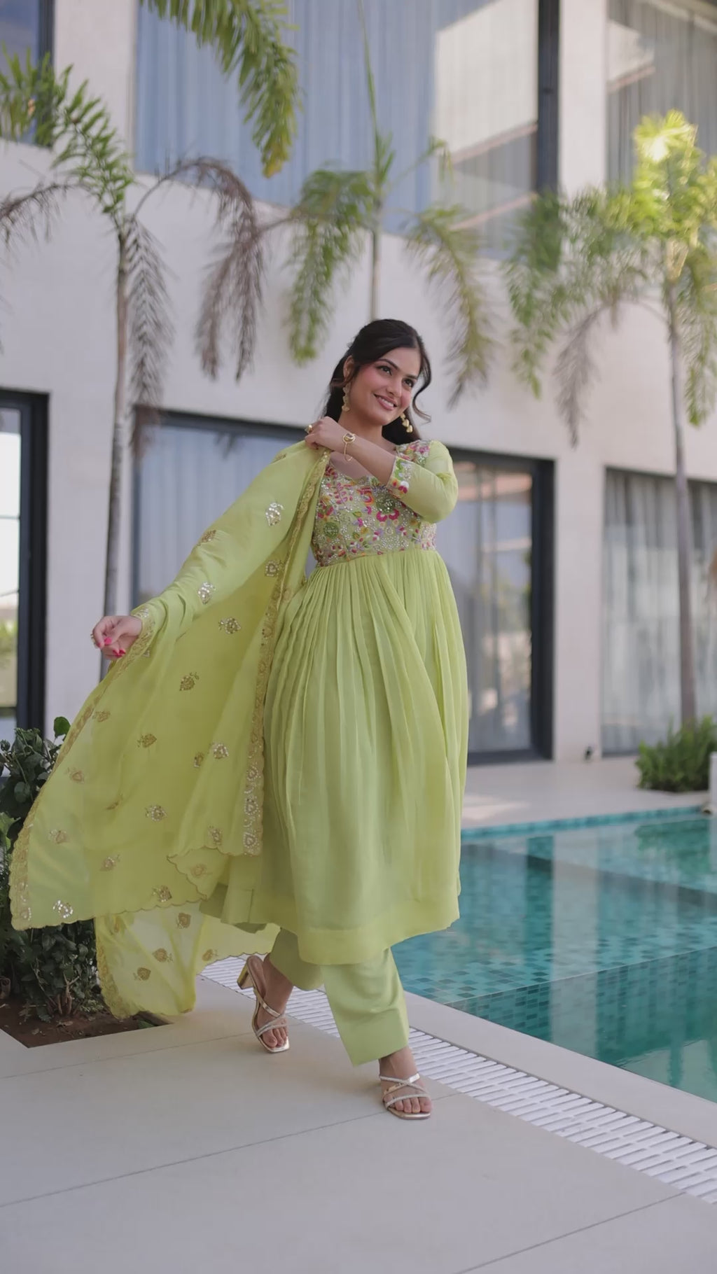 Premium Mal Chanderi Gown With Pant & Dupatta Set