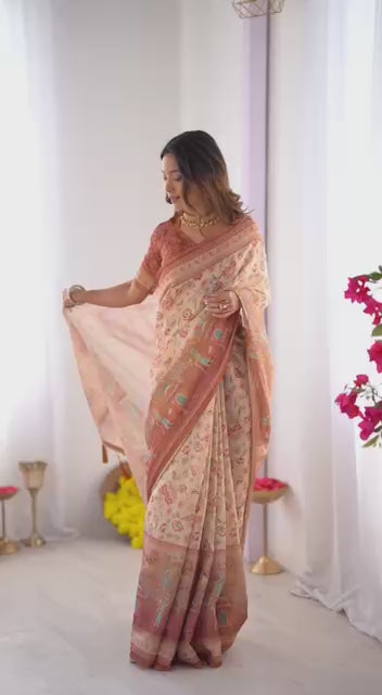 Cream Linen Cotton Floral, Horse & Village Digital Print Saree with Matching Blouse