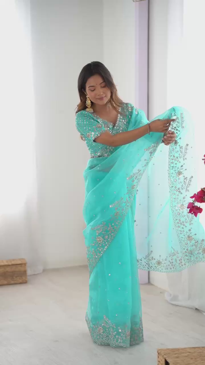 Premium Organza Silk Embroidered Saree With Designer Blouse