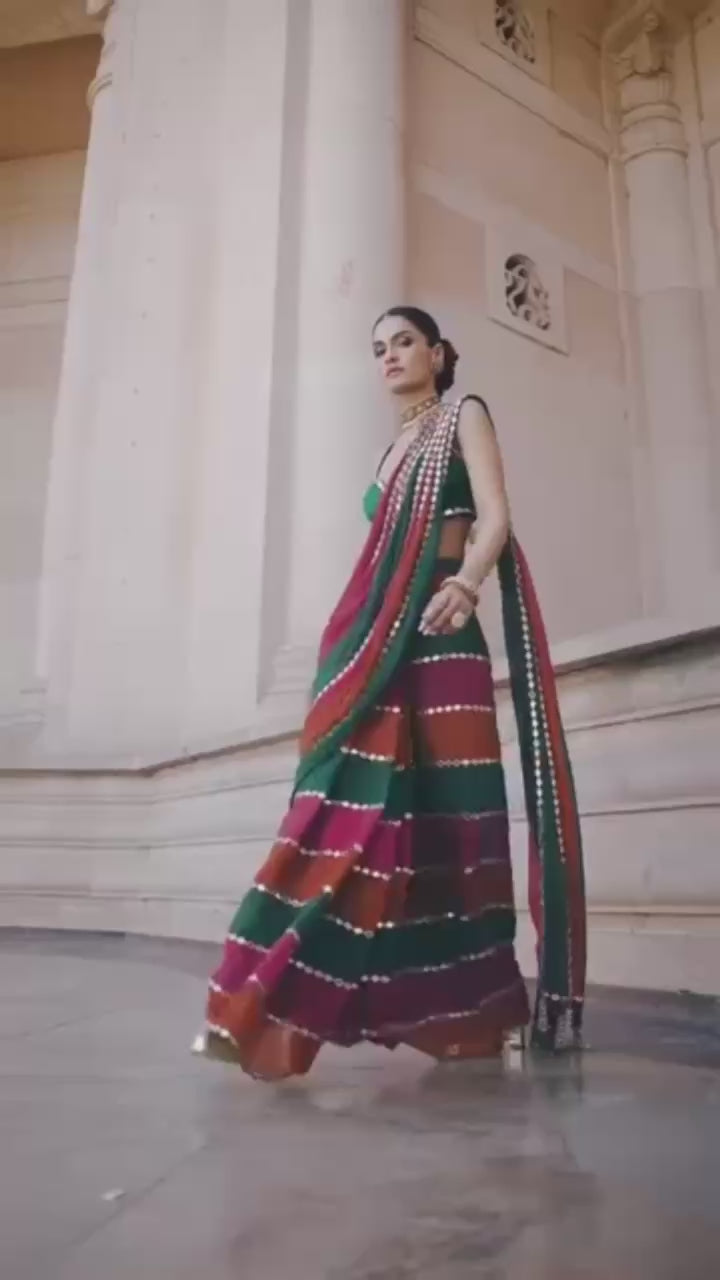 Party Wear Multicolor Real Mirror Work Saree