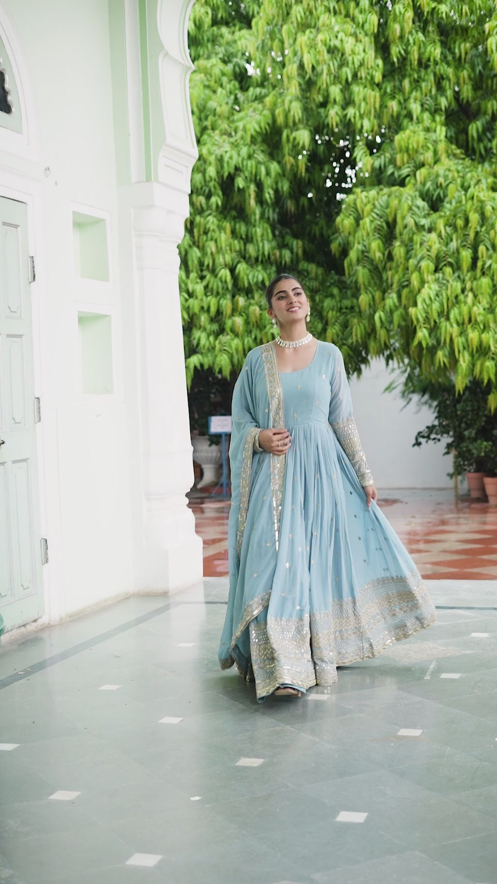 Designer Embroidered Faux Georgette Gown Dupatta Set