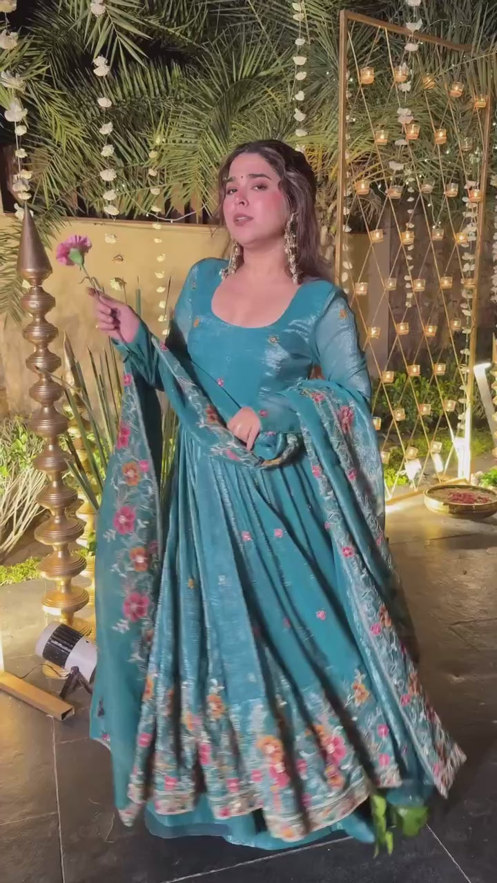 Premium Embroidered Anarkali Suit Set with Plazo And Dupatta