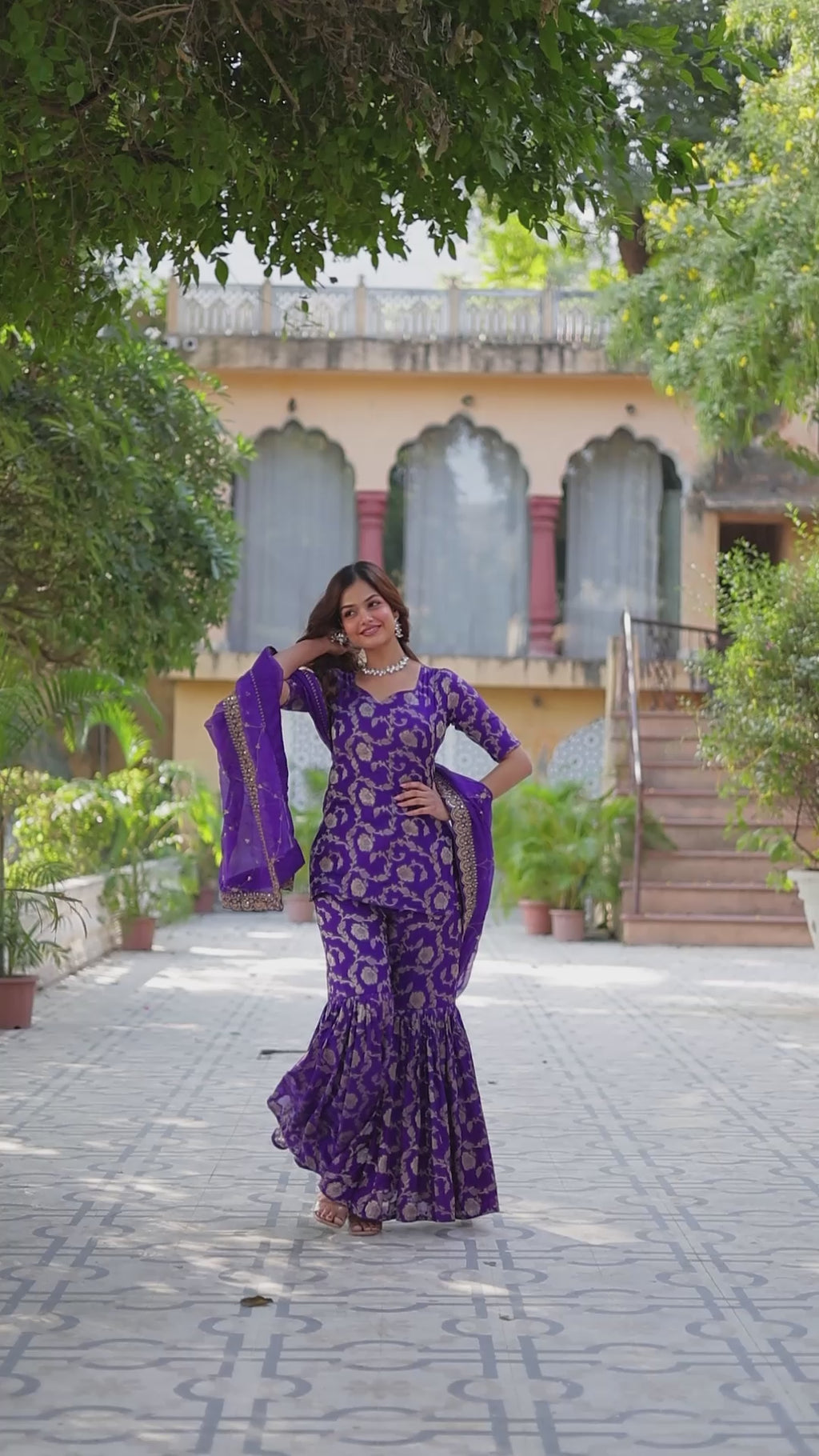 Premium Purple Jacquard Gharara Suit Set with Embroidered Dupatta