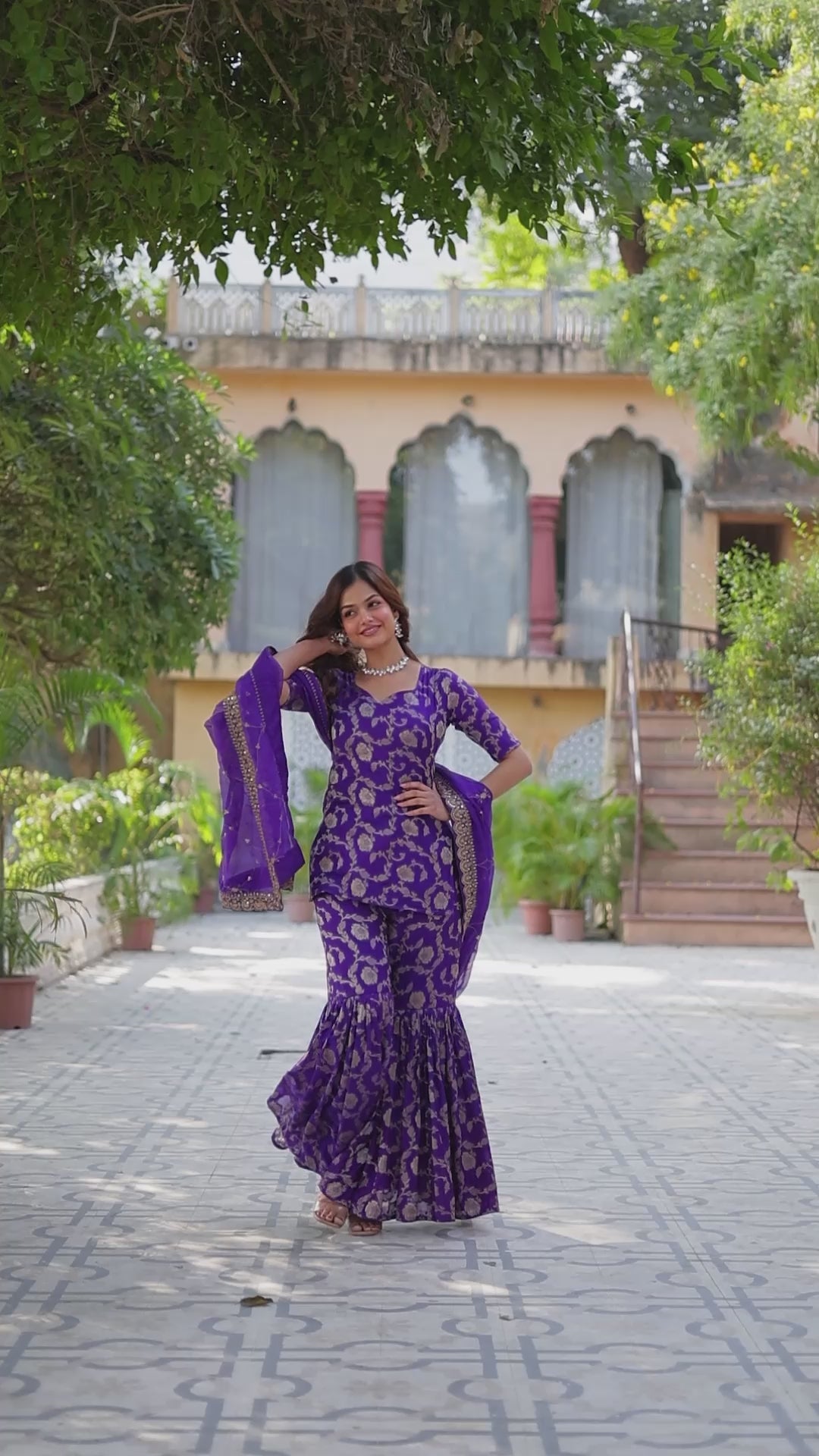 Premium Purple Jacquard Gharara Suit Set with Embroidered Dupatta