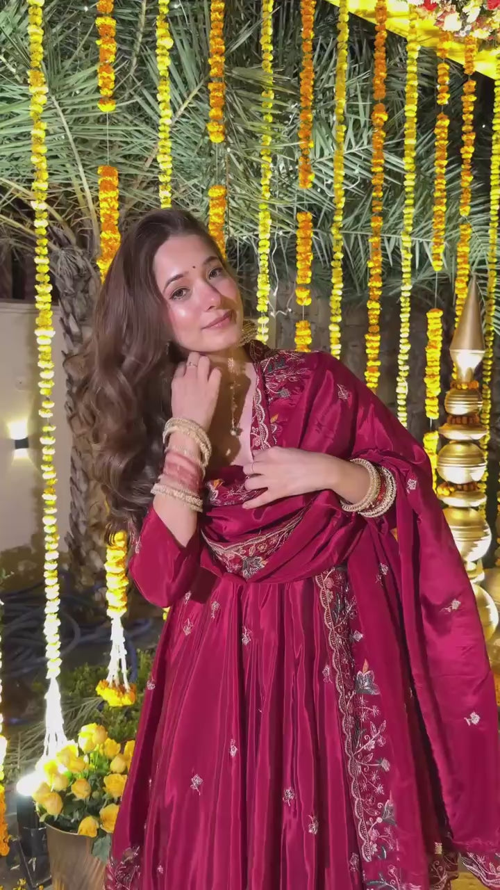 Premium Silk Embroidered Anarkali Suit Set with Palazzo & Dupatta