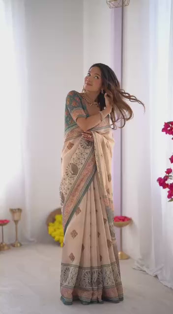 Cream Linen Cotton Digital Print Saree with Designer Border & Matching Blouse