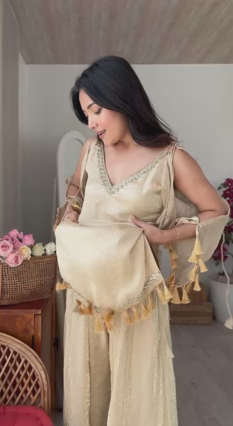 Doremon Crush Mirror Work Palazzo Suit Set with Tassel Dupatta