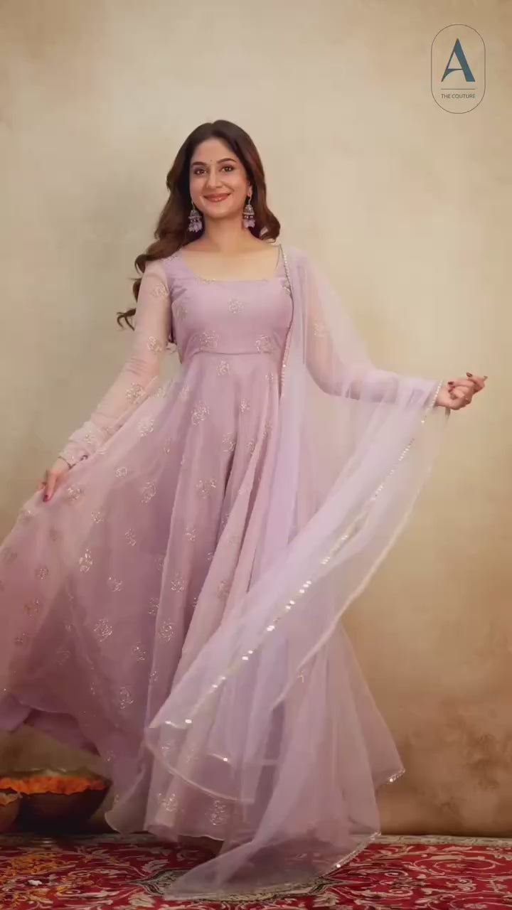 Lavender Soft Organza Handwork Embroidered Anarkali Suit Set with Dupatta & Pants