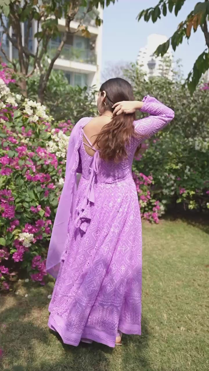 Purple Sequins Embroidered Anarkali Suit Set with Dupatta