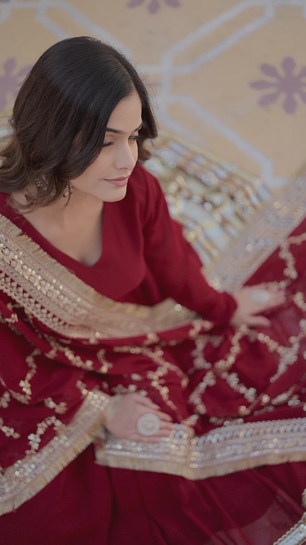 Premium Maroon Faux Blooming Embroidered Gown With Dupatta