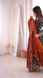 Party Wear Rust Embroidered Anarkali Suit Set