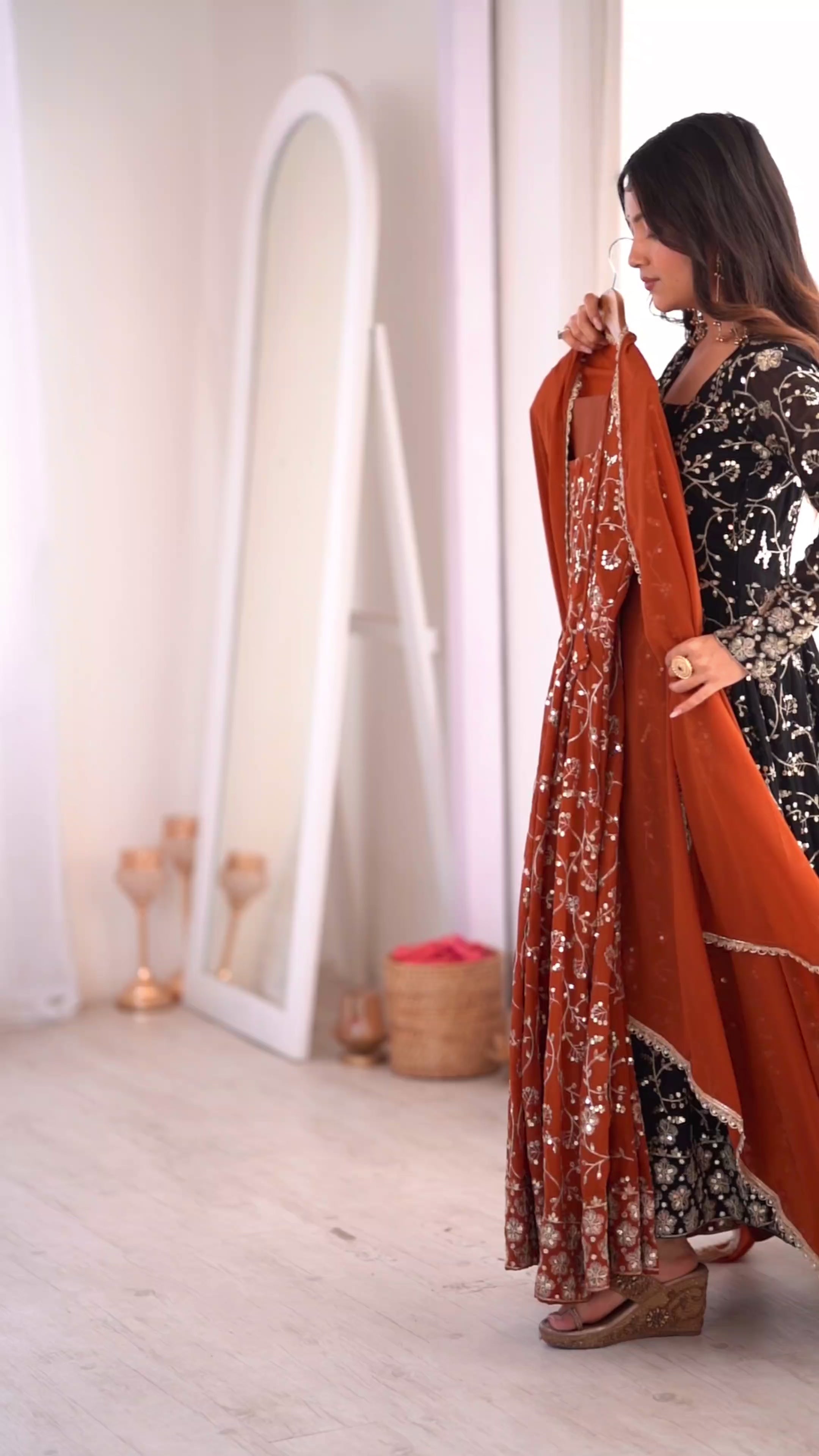 Party Wear Rust Embroidered Anarkali Suit Set