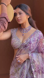 Lilac Silk Organza Sequins, Lina Floral Print Pre - Draped Saree And Blouse Set