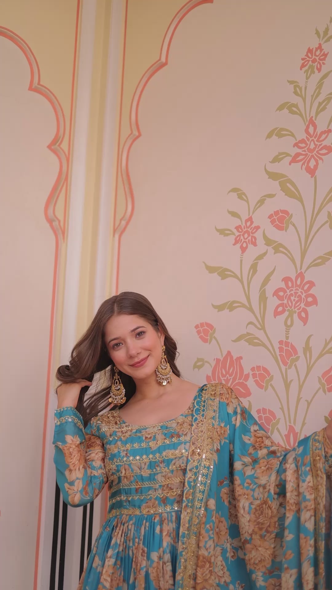 Premium Floral Digital Print Gown with Embroidered Dupatta Set