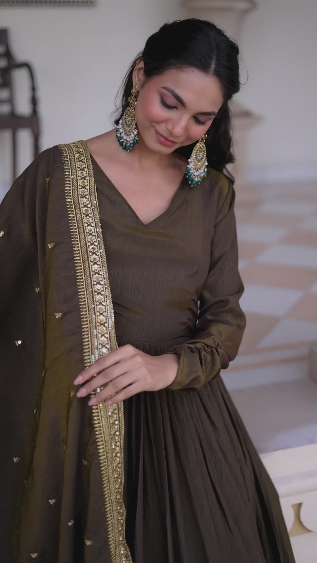 Premium Vichitra Silk Gown with Dupatta for Women – Festive Wear Dress