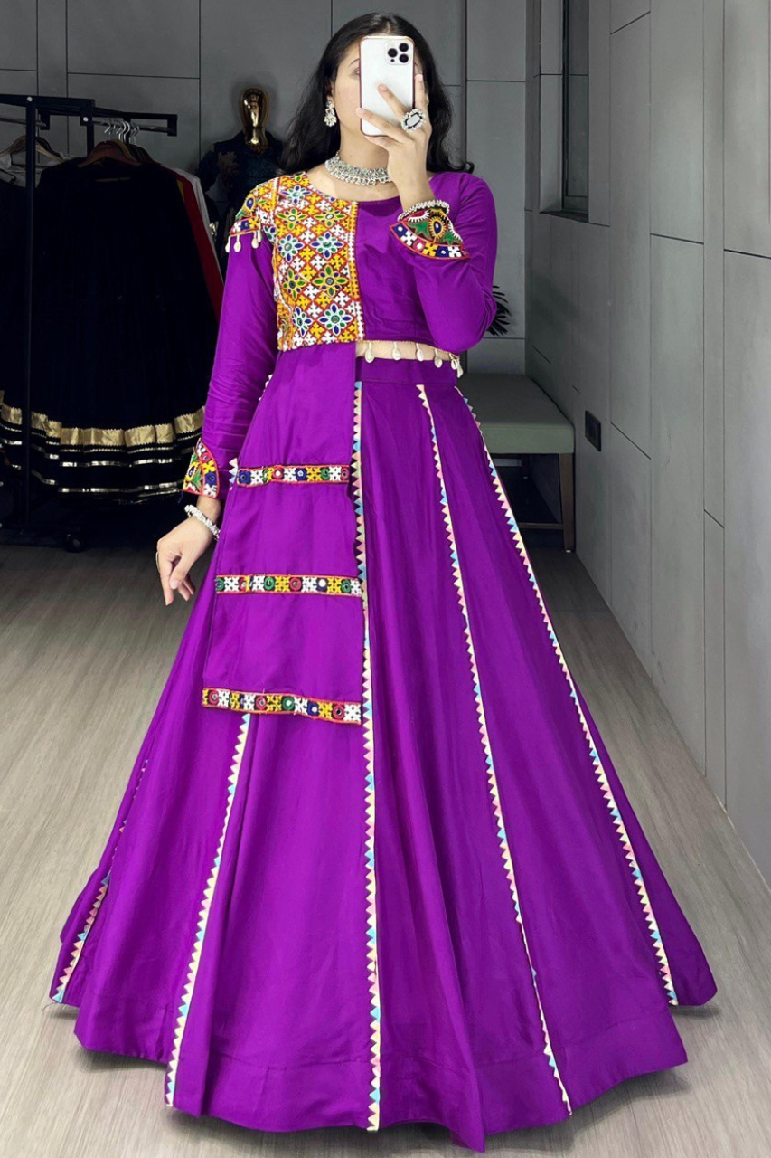 Purple Pure Rayon Cotton Navratri Lehenga Cord Set with Gamthi Mirror Work